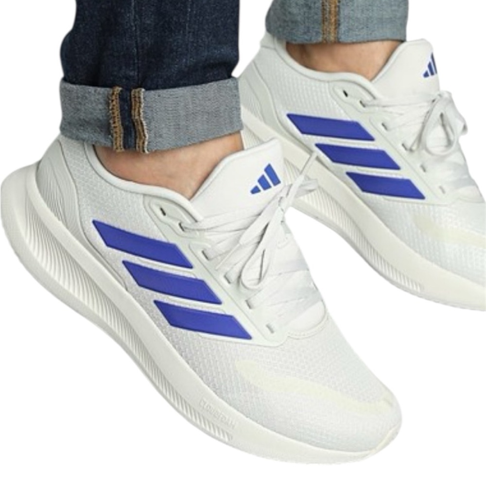 Adidas White Sneakers with Blue Stripes